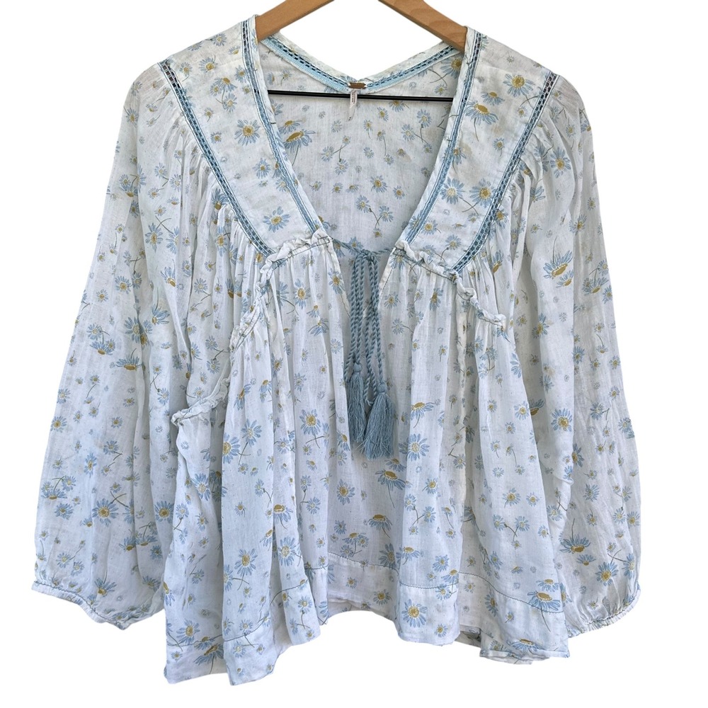 Free People Never A Dull Moment Floral Boho Peasant Blouse 100% Cotton Medium